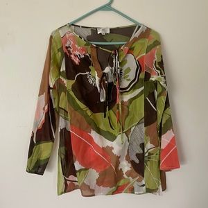 Milly of New York silk floral long sleeve blouse top with ties and slits